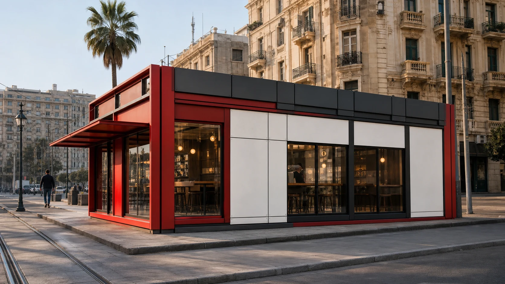Red, charcoal and off-white modular café in an Alexandria streetscape inspired by Raml Station