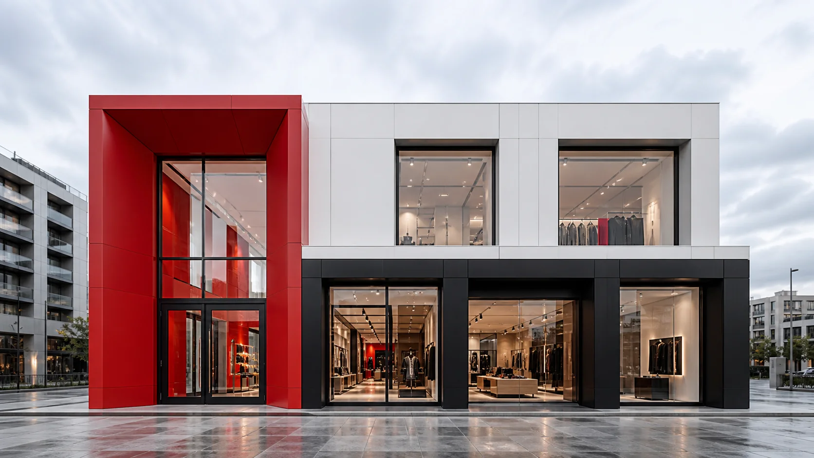 Two-level modular retail flagship with red entrance volume