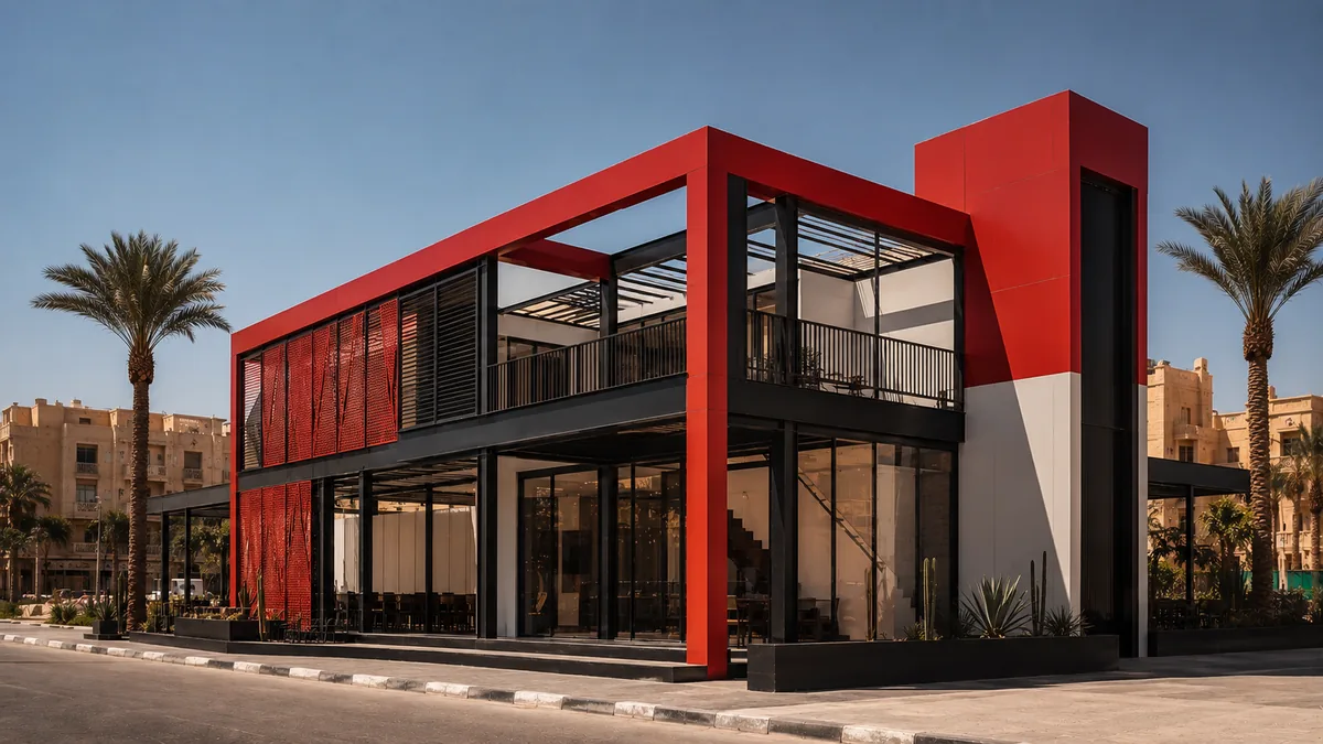 Two-storey modular commercial building with an exposed red steel frame and glazed ground floor