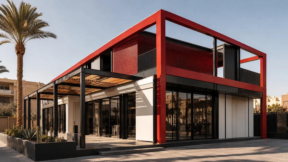 Modular restaurant unit with a steel frame, glazed facade and shaded outdoor terrace