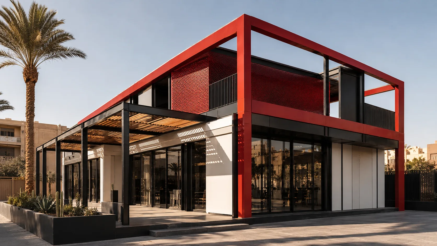 Custom modular restaurant with glazed frontage and red steel frame