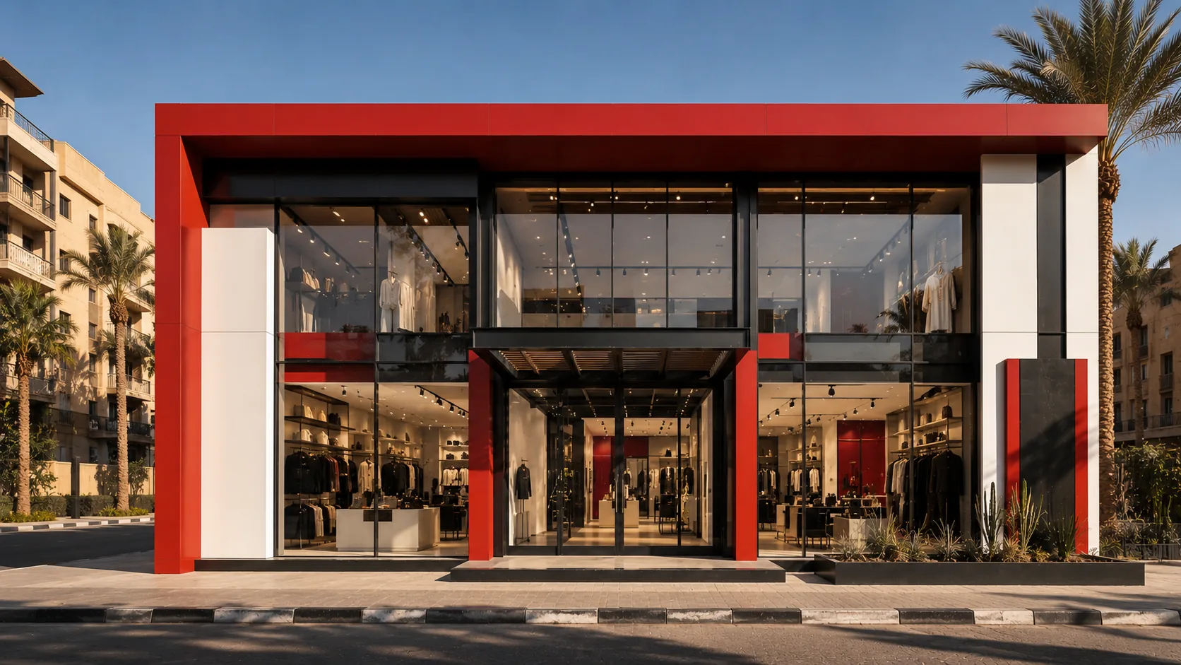 Two-storey modular retail space with full-height glazing